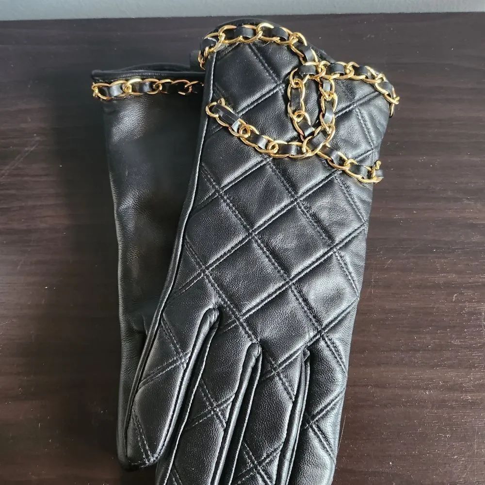 Black Quilted Gloves with Gold Chain Detail